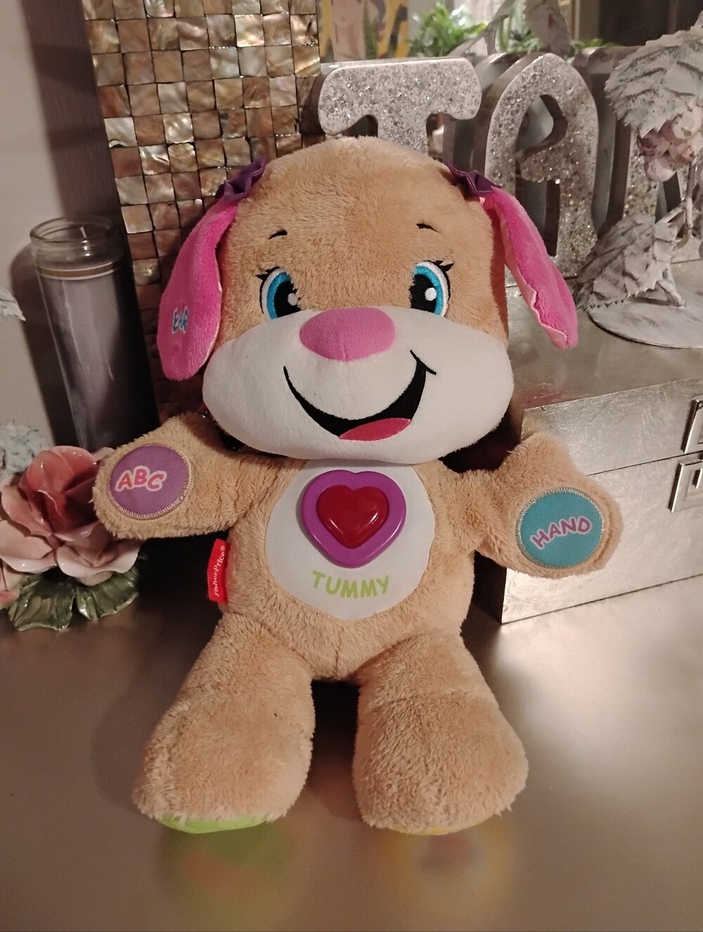 Fisher-Price Tan Puppy Plush with Pink, Blue and Green Accents